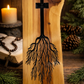 Handcrafted cedar cross with roots design. Rustic Christian wall art symbolizing faith and strength—perfect for home décor or meaningful gift.