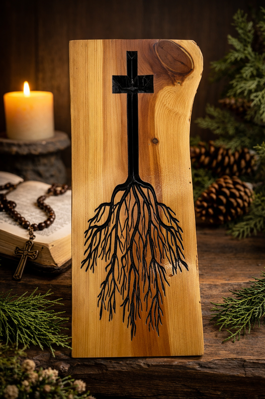 Handcrafted cedar cross with roots design. Rustic Christian wall art symbolizing faith and strength—perfect for home décor or meaningful gift.