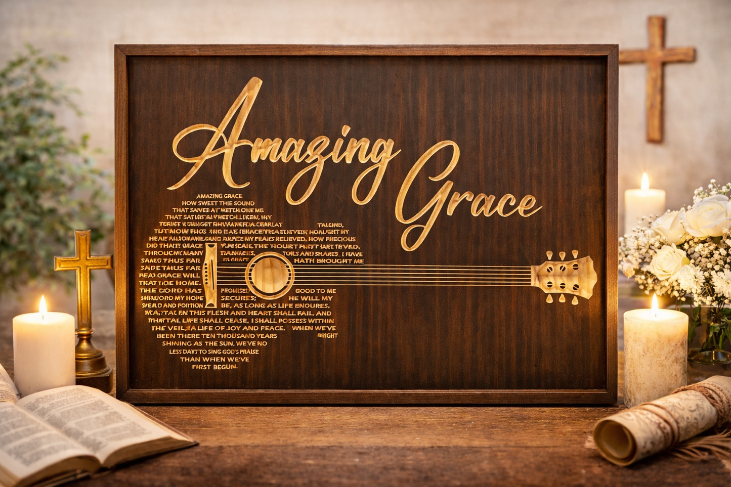 Amazing Grace Guitar Lyrics Wooden Sign – 18"x24" Christian Wall Art