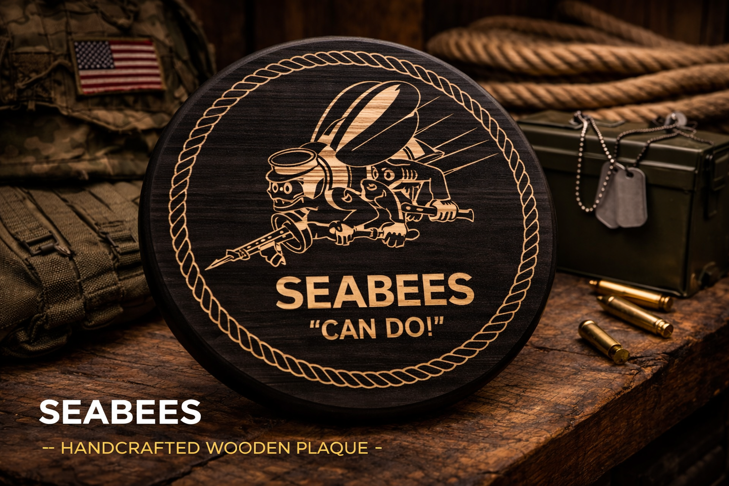 Seabees “Can Do!” Wooden Sign – Handcrafted Military Wall Decor