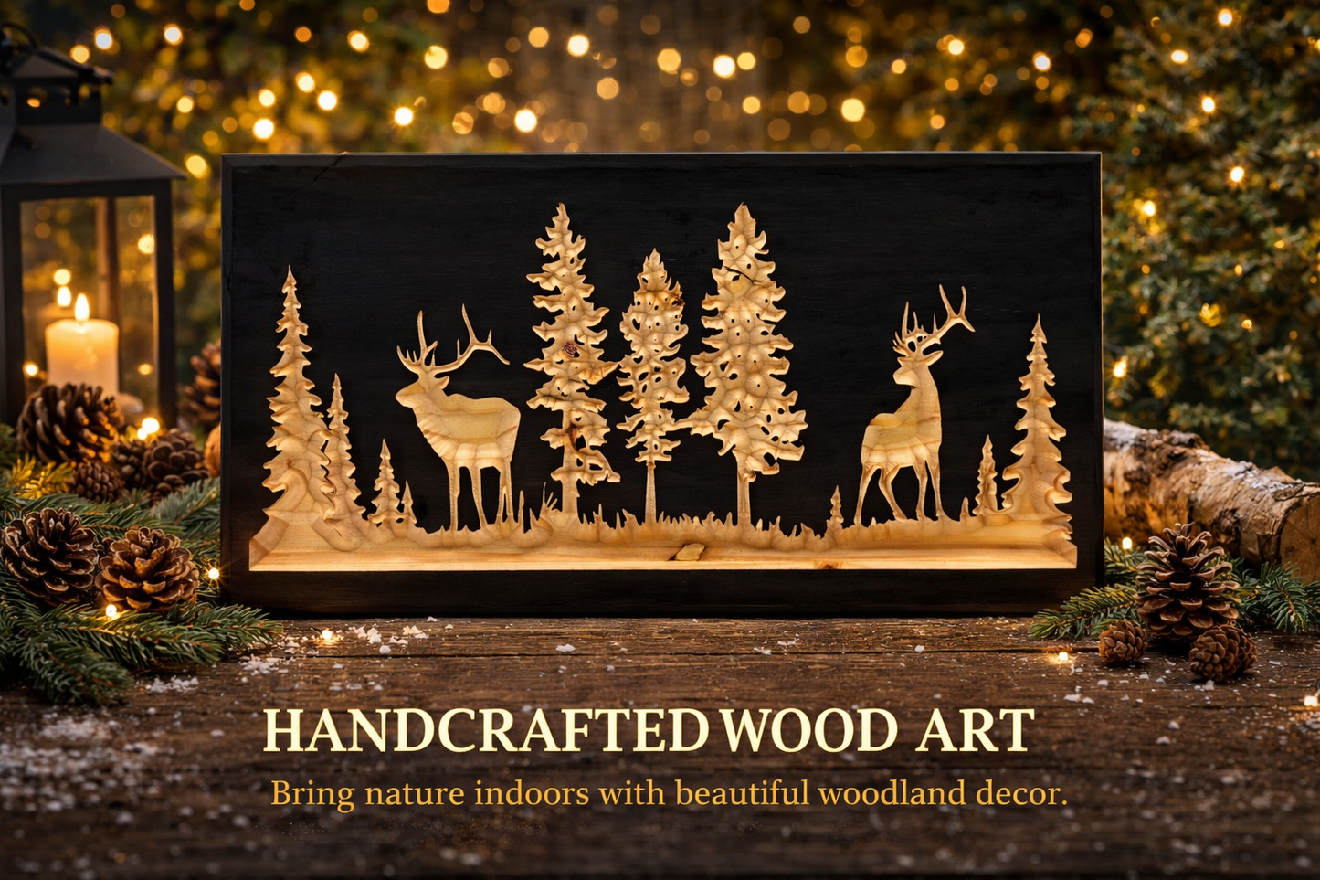 Rustic Deer Forest Wood Carving 12x24