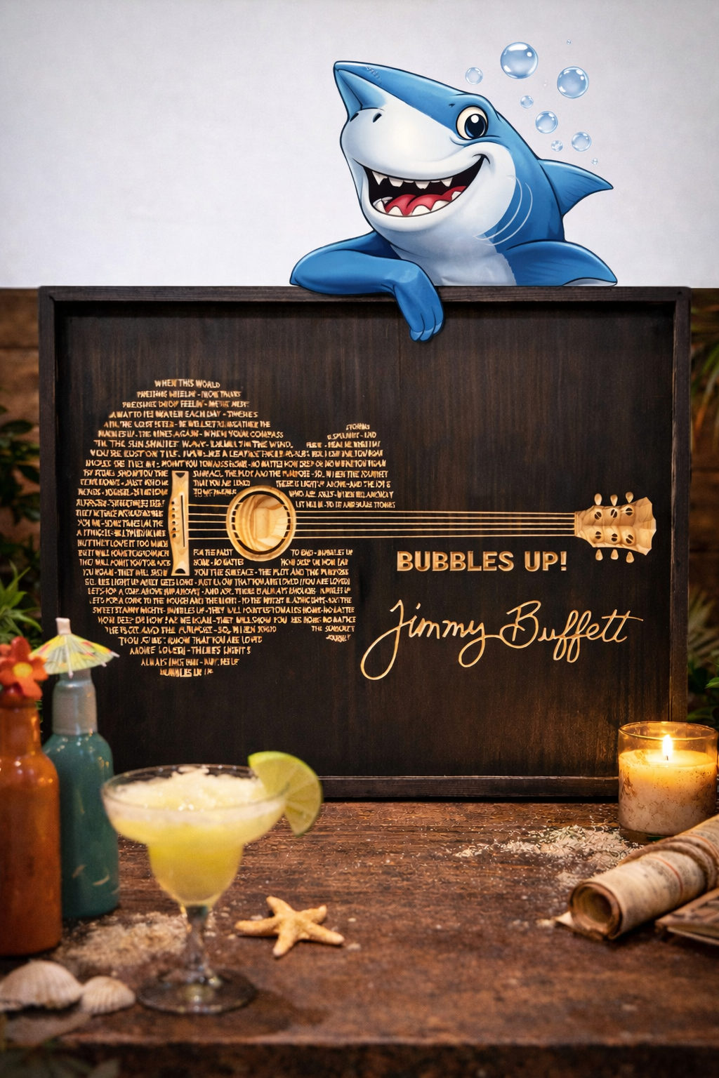 Jimmy Buffett “Bubbles Up!” Guitar Lyrics Wooden Sign – Tropical Country Music Wall Art