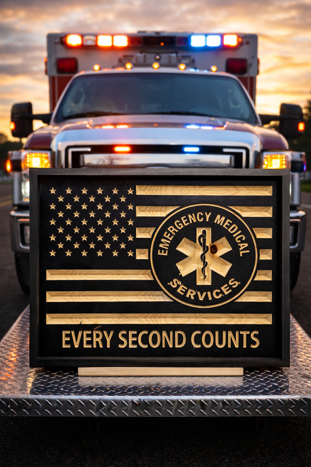 EMS Wooden American Flag Sign – Emergency Medical Services Wall Art, Paramedic Decor, First Responder Gift, Rustic CNC Carved Sign