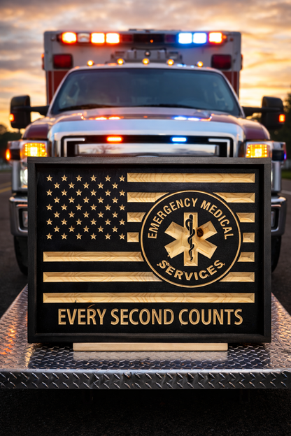 EMS Wooden American Flag Sign – Emergency Medical Services Wall Art, Paramedic Decor, First Responder Gift, Rustic CNC Carved Sign
