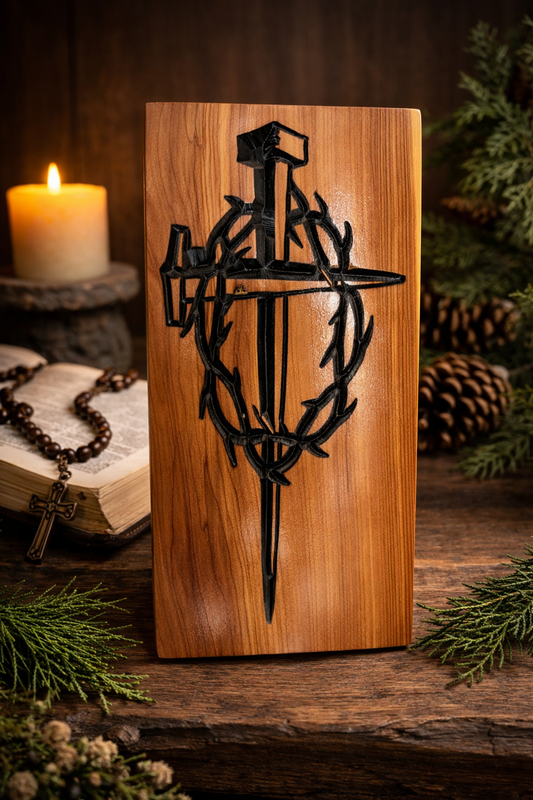 Cedar Cross with Crown of Thorns – Handcrafted Christian Wall Art – Rustic Wooden Cross Decor – Faith-Based Home Decor