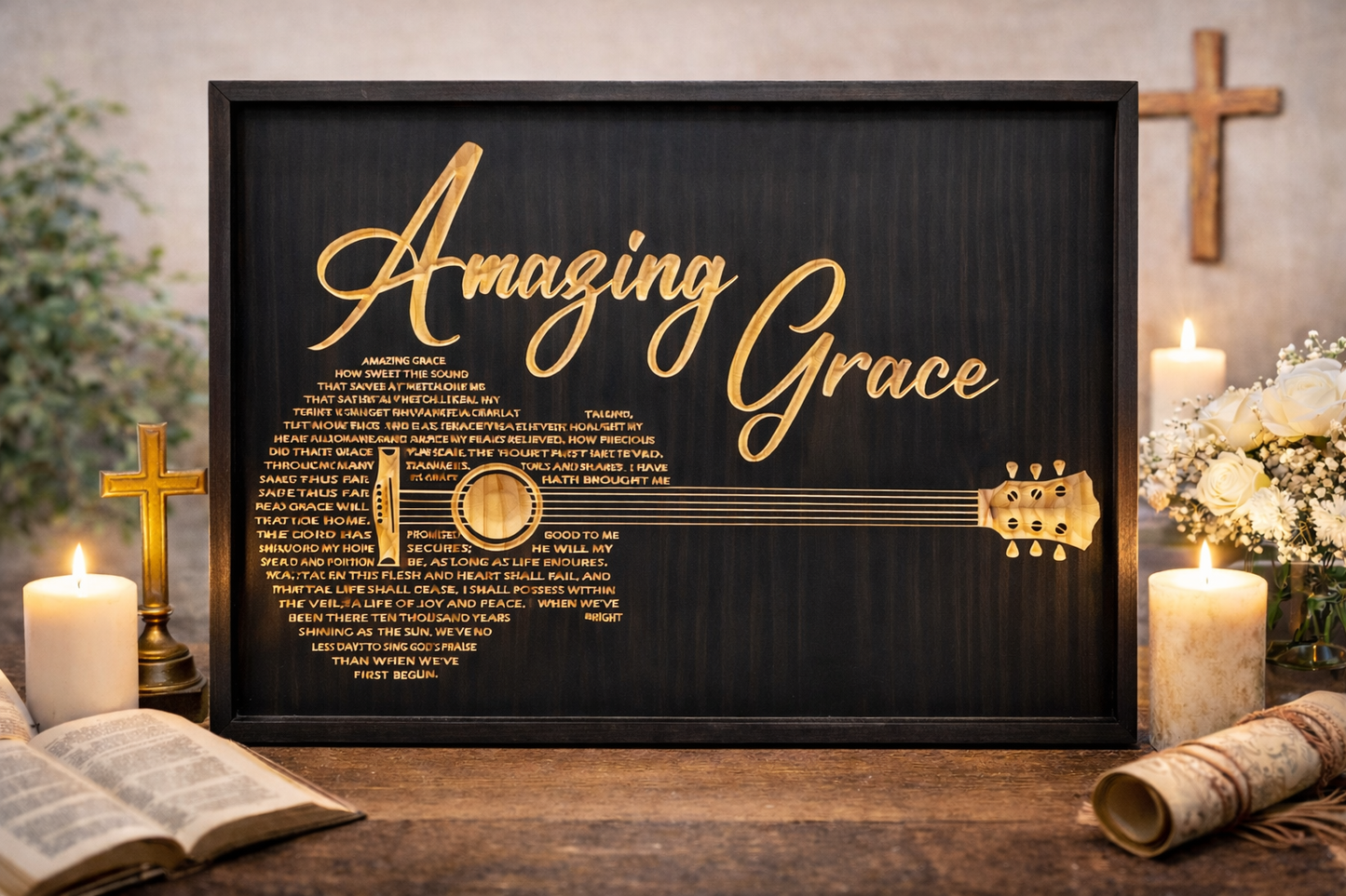 Amazing Grace Guitar Lyrics Wooden Sign – 18"x24" Christian Wall Art