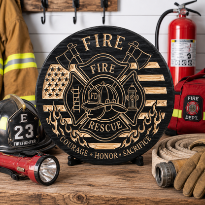Fire Rescue Wooden Wall Sign – Firefighter Maltese Cross | Rustic Fire Department Decor | 18" Round