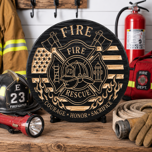 Fire Rescue Wooden Wall Sign – Firefighter Maltese Cross | Rustic Fire Department Decor | 18" Round